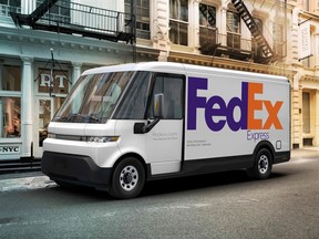 This handout image obtained on January 12, 2021, courtesy of General Motors shows a  FedEx Express truck that is slated to be the first customer of the BrightDrop EV600, and will begin receiving the vehicles later this year. - General Motors announced January 12, 2021 a new business, BrightDrop, which will offer an ecosystem of electric first-to-last-mile products, software and services to empower delivery and logistics companies to move goods more efficiently. These BrightDrop solutions are designed to help businesses lower costs, maximize productivity, improve employee safety and freight security, and support overall sustainability efforts.