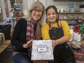 ArtLab owner, Samantha Walker, and StoryValues co-owner, Cheryl Thornton, left, are pictured with a Story Art Box of Imagination - an art concept collaboration between the two businesses - while at ArtLab on Thursday, January 27, 2022.