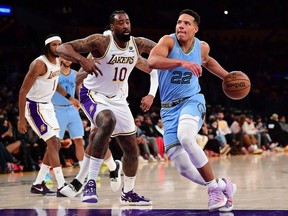Memphis Grizzlies guard Desmond Bane moves to the basket against Los Angeles Lakers center DeAndre Jordan during the second half at Crypto.com Arena.
