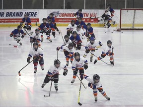 Local minor hockey players are shown during a practice at the WFCU Centre in Windsor on Tuesday, January 4, 2022.