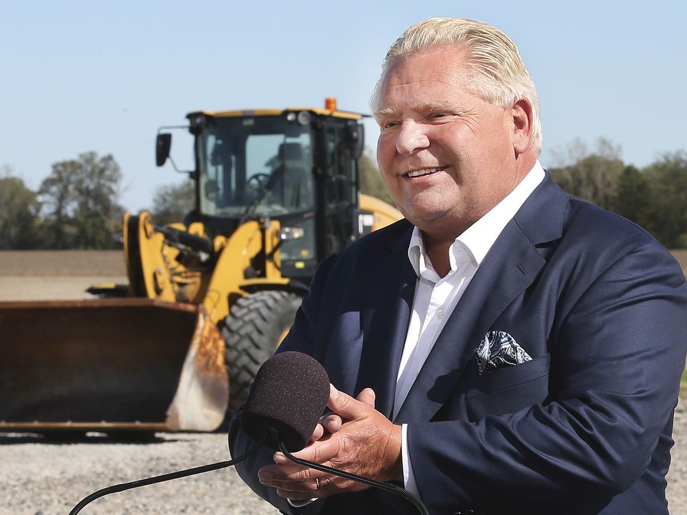 Ontario Premier Doug Ford speaks at a press conference on Oct. 18, 2021, at the site of the proposed mega-hospital in Windsor. Expect a lot more local visits by party leaders in the months before June's provincial election.