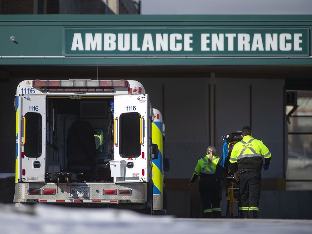 Essex-Windsor EMS paramedics are seen outside Windsor Regional Hospital's Met Campus on Friday, Jan. 28, 2022.