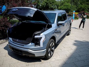 The Ford F-150 Lightning pickup truck is seen during a press event in New York City, U.S., May 26, 2021.