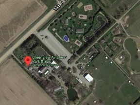 Ein Google Maps-Satellitenbild des Greenview Aviaries Park & ​​Zoo in der Region Chatham-Kent.