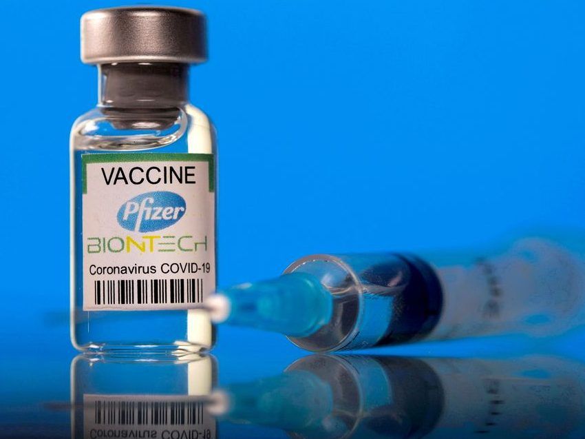 A vial labelled with the Pfizer-BioNTech coronavirus disease (COVID-19) vaccine is seen in this illustration picture taken March 19, 2021.