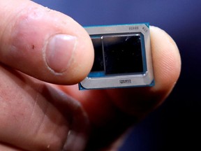 FILE PHOTO: An Intel Tiger Lake chip is displayed at an Intel news conference during the 2020 CES in Las Vegas, Nevada, U.S. January 6, 2020.