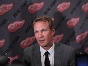 Nicklas Lidstrom speaks to the media after a press conference at Joe Louis Arena where he announced his retirement from the Detroit Red Wings, Thursday, May 31, 2012.