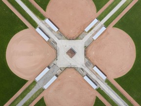 Empty baseball diamonds sit empty at Mic Mac Park on Sunday, April 18, 2021.