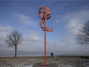 A new sculpture by Michigan artist, John Sauve, is seen at Stop 26 Beach, just east of Sand Point Beach, on Thursday, January 6, 2021.