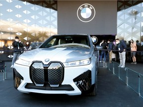 A BMW iX Flow with color-shifting material is displayed during CES 2022 at the Las Vegas Convention Center in Las Vegas, Nevada, U.S. January 6, 2022.