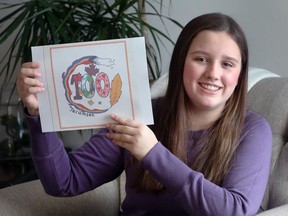 Isabella Larking, 13, displays the Tecumseh 100th anniversary logo she designed.