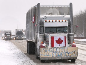 A trucker participating in a protest against vaccine mandates is shown on Huron Church Road near the Ambassador Bridge in Windsor on Sunday, January 23, 2022.