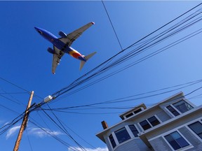 A Southwest Airlines plane approaches to land at San Diego International Airport as U.S. telecom companies, airlines and the FAA continue to discuss the potential impact of 5G wireless services on aircraft electronics in San Diego, California, U.S., January 6, 2022.