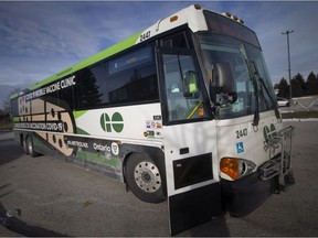 The provincial GO-VAXX Bus sits outside the Tecumseh Arena and Recreation Complex on Tuesday, January 11, 2022.