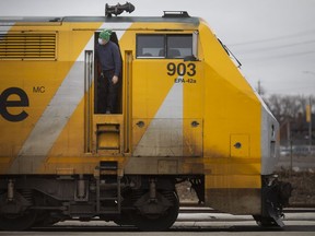 A rail train arrives at Walkerville Station in Windsor on Friday, January 14, 2022.
