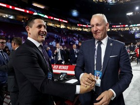 The Detroit Red Wings promoted Shawn Horcoff, at left, who is seen with Ralph Krueger at the 2019 NHL Draft.