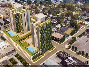 Twin 21-storey towers with 544 total apartments, their exteriors covered with thousands of shrubs and other plants, is planned for a long-deserted downtown property on Goyeau Street.