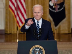 U.S. President Joe Biden takes questions after making a statement from the East Room of the White House about Russia's invasion of Ukraine on Feb. 24, 2022, in Washington, D.C.