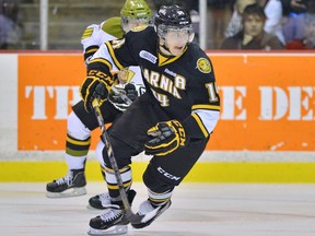 Reid Boucher plays for the Sarnia Sting in the 2012-13 OHL season. (Photo by Terry Wilson / OHL Images)