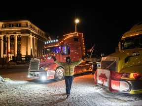 A general view shows trucks during a protest by truck drivers over pandemic health rules and the Trudeau government, outside the parliament of Canada in Ottawa on February 12, 2022.