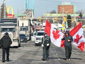 Anti-mandate protestors are shown near the Ambassador Bridge in Windsor on Wednesday, Feb. 9, 2022.