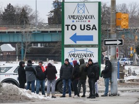 Anti-mandate protesters are shown on Wyandotte Street West near the Ambassador Bridge entrance to the United States on Thursday morning, February 10, 2022.