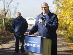 Mayoral rivals? Mayor Drew Dilkens is shown at Gateway Park on Nov. 16, 2021, at one of his frequent news announcements last year, as Ward 3 Coun. Rino Bortolin — a potential rival for the mayor's seat in this fall's civic elections — looks on. Neither local politician has yet divulged their intentions.