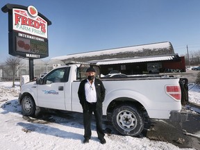 Fred Bouzide, owner of Fred's Farm Fresh International Market on Huron Church Road in Windsor is shown on Tuesday, February 15, 2022. The city blocked off access to his business from Huron Church.