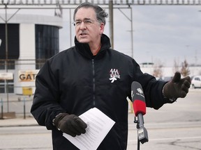 In this Dec. 6, 2021, file photo, Windsor West MP Brian Masse speaks during a press conference in front of the Stellantis Windsor Assembly Plant.