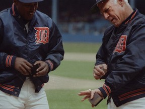 DETROIT,  MI:. APRIL 8, 1985 -- Detroit Tiger's manager, Sparky Anderson and second baseman, Lou Whitaker, receive their World Series rings before the start of the season opener at Tiger Stadium, Monday, April 8, 1985 - the first regular season game since the Tigers defeated the San Diego Padres in the World Series the previous year.