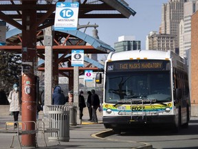 A Windsor Transit bus is seen at the Windsor International Transit Centre, on Thursday, February 24, 2022.