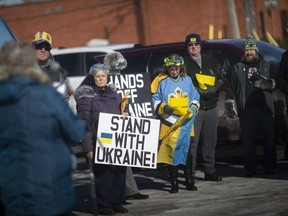 WINDSOR, ONTARIO:. FEBRUARY 6, 2022 - Several dozen people from the Ukrainian community held a rally to support Ukraine in its latest crisis with Russia, while outside the Ukrainian Orthodox Cathedral of St. Vladimir, on Sunday, February 6, 2022.