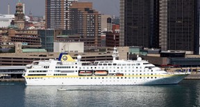 The MS Hamburg (formerly the Columbus), the largest six-deck Great Lakes cruise ship, is moored along the Detroit waterfront on September 20, 2019.