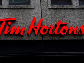 A Tim Hortons logo is pictured in Montreal, Oct. 18, 2019.