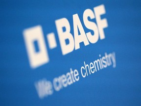 (FILES) In this file photo taken on February 28, 2020 the logo of German chemical giant BASF is pictured at the company's headquarters in Ludwigshafen, western Germany. - German chemical giant BASF on February 25, 2021 reported strong results for 2021, buoyed by higher demand and prices, but expects a slowdown in 2022 due to supply issues and energy costs.