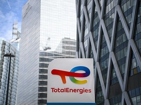 (FILES) This file photo taken on May 28, 2021 shows the new TotalEnergies in La Defense on the outskirts of Paris. - The French group TotalEnergies announced on March 22 its decision to stop all purchases of Russian oil or oil products, "by the end of 2022 at the latest".