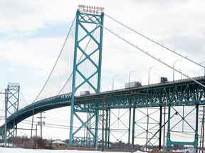 A view of the Ambassador Bridge from the U.S. side of the border, photographed Feb. 14, 2022.