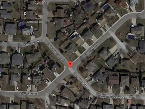 Satellite image of Thorn Ridge Crescent and Crownridge Boulevard in Amherstburg, via Google Maps.