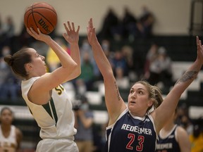 WINDSOR, ONTARIO:. MARCH 5, 2022 - St.Clair's Logan Kucera drives to the net in OCAA women's basketball between the St. Clair Saints and the Redeemer Royals at the St. Clair College SportsPlex, on Saturday, March 5, 2022.