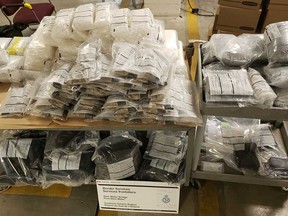 Photo after the seizure of an estimated 265 kilograms of illicit drugs from a transport truck that tried to cross the Blue Water Bridge on Jan. 13, 2022. Image courtesy of Canada Border Services Agency and Royal Canadian Mounted Police.