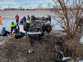 One of two vehicles that collided at County Road 37 and County Road 14 in Essex County north of Wheatley on the morning of March 28, 2022.