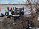 One of two vehicles which collided on County Road 37 and County Road 14 in Essex County north of Wheatley on the morning of March 28, 2022.