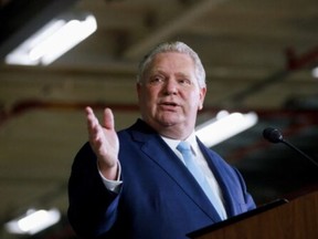 Ontario Premier Doug Ford is pictured while speaking during a visit to production facilities of Honda Canada Manufacturing in Alliston, Ont., on March 16, 2022.