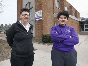 Rama Musharbash-Kovacsi, left, Windsor-Essex Catholic District School Board's community ambassador is shown with Jonathan Alzablu, 13, a student at Assumption Middle School in Windsor on Tuesday, March 1, 2022.