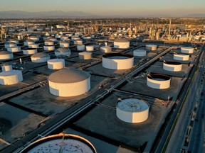 Storage tanks are seen at Marathon Petroleum's Los Angeles Refinery, which processes domestic & imported crude oil into California Air Resources Board (CARB), gasoline, diesel fuel, and other petroleum products, in Carson, California, U.S., March 11, 2022.