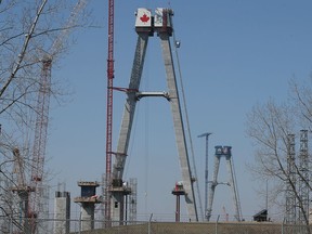 The towers of the Gordie Howe International Bridge are shown on Wednesday, March 9, 2022.