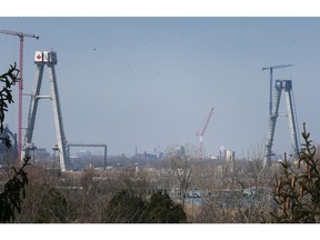 The towers of the Gordie Howe International Bridge are shown from the Malden Park hill on Wednesday, March 9, 2022.