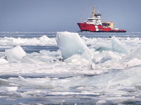 Mother nature will help tackle local Great Lakes ice this weekend with warm temperatures, Here, the Canadian Coast Guard icebreaker Samuel Risley approaches the Detroit River from Lake St. Clair on Friday, March 4, 2022.