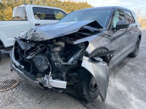 Damage to the front end of a LaSalle police vehicle that was rammed by a stolen pickup truck on the morning of March 14, 2022. Image courtesy of LaSalle Police Service.