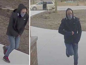Surveillance camera images of a female suspect in the theft of a package from a residence in LaSalle on March 8, 2022.